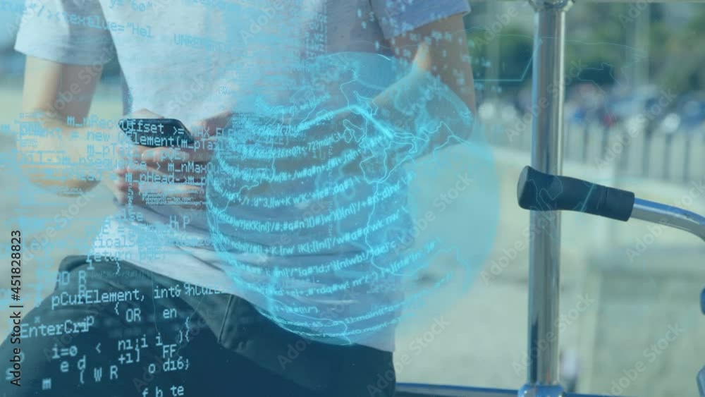 Poster animation of data processing and globe over man using smartphone