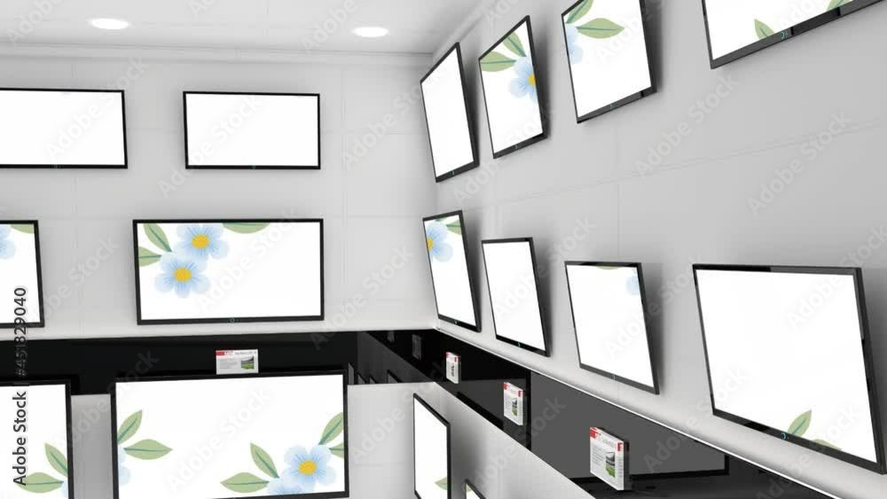 Poster animation of leaves and flowers falling displayed across multiple flat screen tvs in shop display