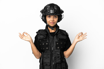 SWAT woman isolated on white background in zen pose