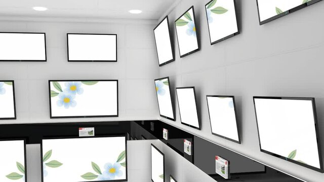 Animation of leaves and flowers falling displayed across multiple flat screen tvs in shop display