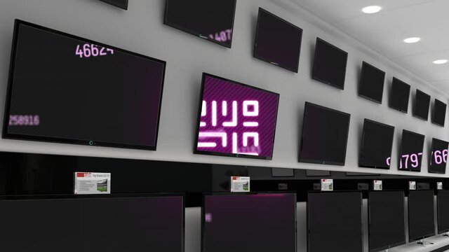 Animation of qr code and data processing displayed across multiple flat screen tvs in shop display