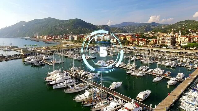 Animation of circular scanner with countdown over boats in marina modern coastal town