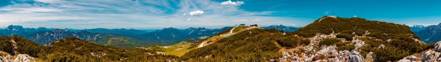 High resolution stitched panorama of a beautiful alpine summer view at the famous Steinplatte summit, Waidring, Tyrol, Austria
