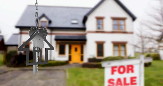 Animation of silver house key fob and key, hanging in front of blurred house with for sale sign