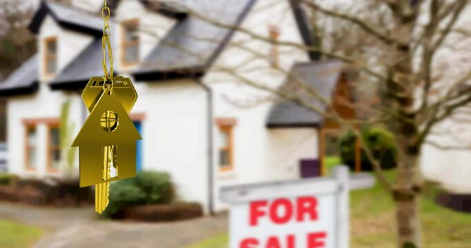 Animation of gold house key fob and key, hanging in front of blurred house with for sale sign