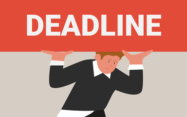 Deadline stress pressure, work problem vector illustration. Cartoon tired employee character working under stressful pressure, holding heavy deadline lettering, time management concept background