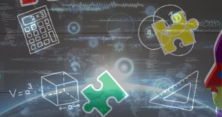 Animation of colourful puzzle pieces and mathematical equations - Powered by Adobe