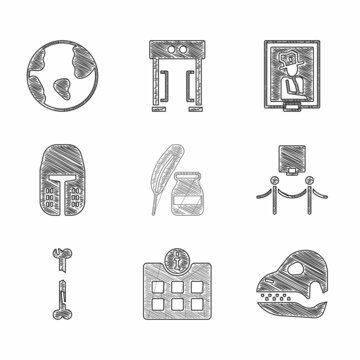 Set Feather and inkwell, Information, Dinosaur skull, Picture rope barrier, Human broken bone, Medieval iron helmet, Portrait museum and Earth globe icon. Vector