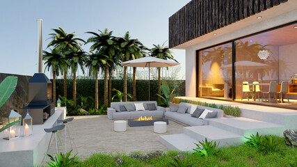Fototapeta premium 3D render of private house with luxury wooden deck
