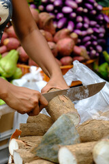 Woman cutting fresh cassava at the outdoor farmers market in Panama City