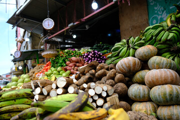 Colorful fresh fruits and vegetables on display at the outdoor farmers market in Panama City