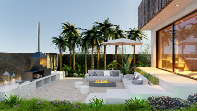 3D Render of private luxury wooden deck with fire place and sofa set.