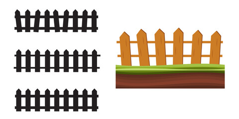 Cartoon rural wooden fence in green grass vector illustration. Wood farm fence outdoor.