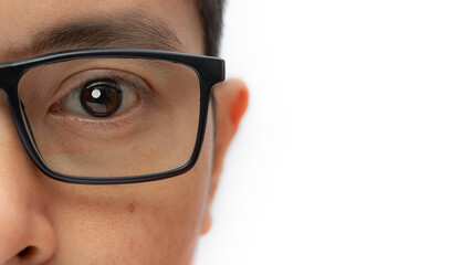 Portrait of a young man with eyeglasses isolated on white background. copy space.