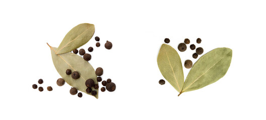 Bay leaf, allspice and pepper isolated on white background