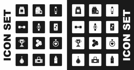 Set Smartwatch, Dumbbell, Sports nutrition, Music player, Heart in the center stopwatch and Award cup icon. Vector