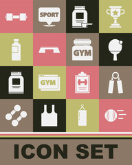 Set Tennis ball, Sport expander, Racket, Sports nutrition, Step platform, Fitness shaker, Dumbbell and icon. Vector