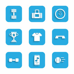 Set T-shirt, Music player, Tennis ball, Step platform, Dumbbell, Award cup, Weight plate and icon. Vector