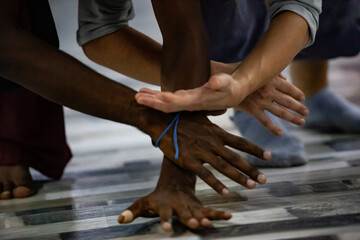 couple dancers contact hands in contact improvisation performance intentionally with motion blur...