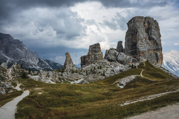 Fototapeta na wymiar Hiking trail in Cinque Torri Dolomites on summer day. Italy