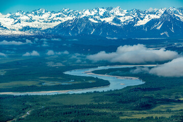 landscape with river, lake and mountains in Alaska