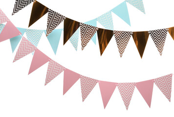 Rows of triangular bunting flags on white background. Festive decor