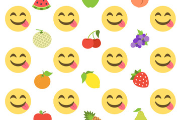 face svouring delicious food with fruit,emoji pattern on white background,vector illustration
