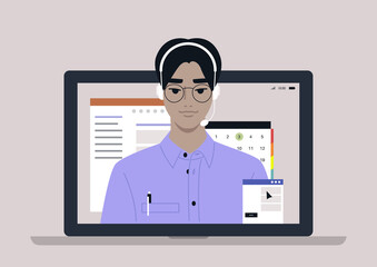 A young male Asian hotline assistant wearing a headset, online customer service info line