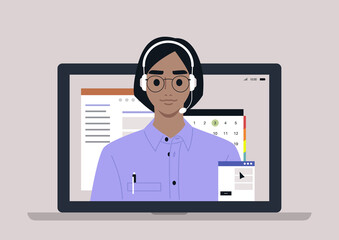 A young female hotline assistant wearing a headset, online customer service info line