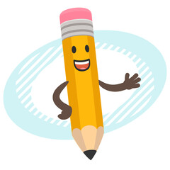 Cartoon Pencil Character explaining and pointing somewhere with his hand