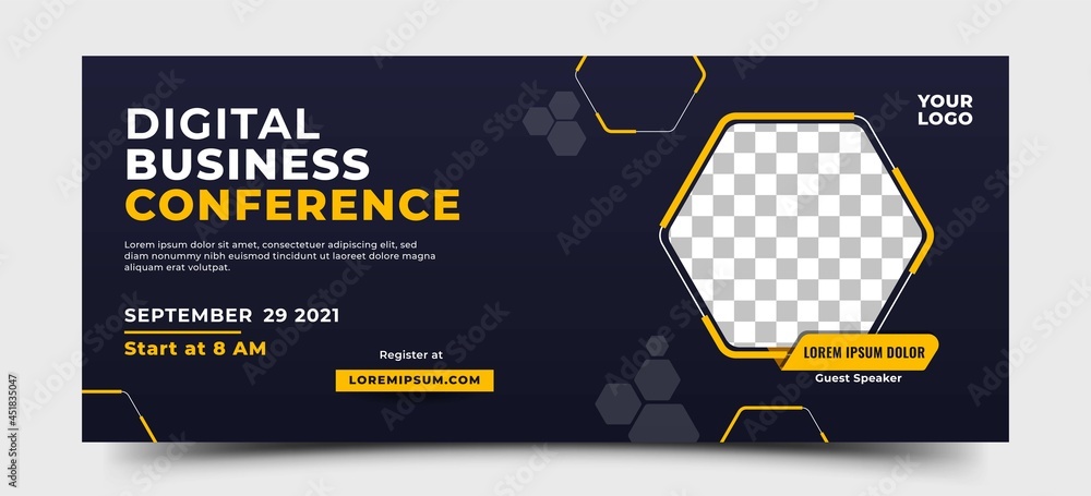 Wall mural digital business conference horizontal banner template. modern banner design with hexagon frame shap