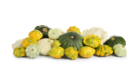 Fresh ripe pattypan squashes on white background