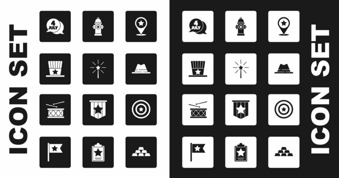 Set USA Independence day, Firework, Patriotic American top hat, Man with ribbon, hydrant, star shield and Drum and drum sticks icon. Vector