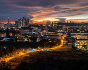 Bird view of modern city skyline and buildings at night in