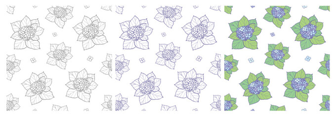 Three Hydrangea Seamless Patterns: gray outline pattern, blue outline pattern, and full color pattern. 