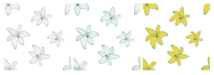 Three Lily Seamless Patterns: gray outline pattern, green outline pattern, and full color pattern. 