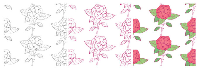 Three Rose Seamless Patterns: gray outline pattern, color outline pattern, and full color pattern. 