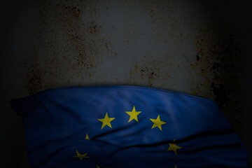 wonderful dark picture of European Union flag with big folds on rusty metal with empty place for text - any occasion flag 3d illustration..