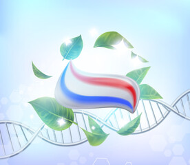 Mint leaves whirl in the air.Dental concept infographic.smear toothpaste .3D, DNA, realistic, Dental design element for advertising, brochures, banners and educational.
