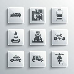 Set Minibus, Scooter, Bicycle, Cargo ship, Taxi car, Traffic cone, Hatchback and Train and railway icon. Vector