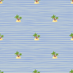 Summer seamless pattern with green palm tree and island shapes. Blue striped background. Hawaii print.