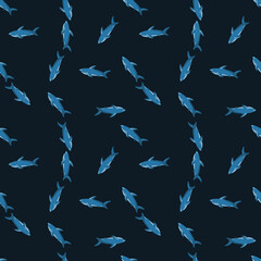 Doodle random small blue shark shapes seamless pattern. Black background. Scrapbook ornament. Simple style.