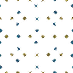 Decorative seamless marine pattern with little ship wheel silhouettes in geometric style. White background.