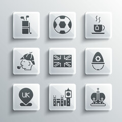 Set Big Ben tower, British crown, police helmet, Flag of Great Britain, Location England, Sherlock Holmes, Golf bag with clubs and Cup tea tea icon. Vector