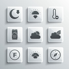 Set Sunrise, Compass, Rainbow with clouds, and weather, Fahrenheit, Weather forecast, Moon and Meteorology thermometer icon. Vector