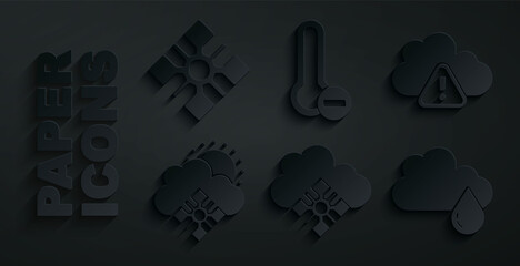 Set Cloud with snow, Storm warning, and sun, rain, Meteorology thermometer and Snowflake icon. Vector