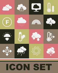 Set Cloud with snow and sun, Meteorology thermometer, Storm, Location cloud, rain, Fahrenheit, and Rainbow icon. Vector