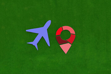 The plane is blue, the geolocation sign on a green background. Travel, places of rest.
