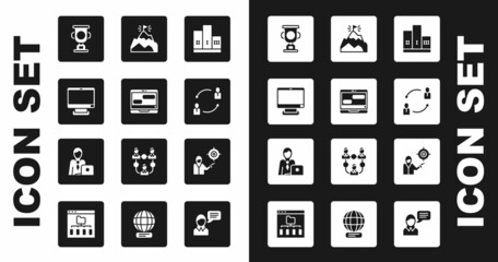 Set Award over winner podium, Chat messages on laptop, Computer monitor, cup, Human resources, Mountains with flag, Marketing target strategy and Businessman icon. Vector