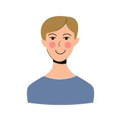 Avatar in flat cartoon style with smiling. The guy in the blue t-shirt. Vector illustration.